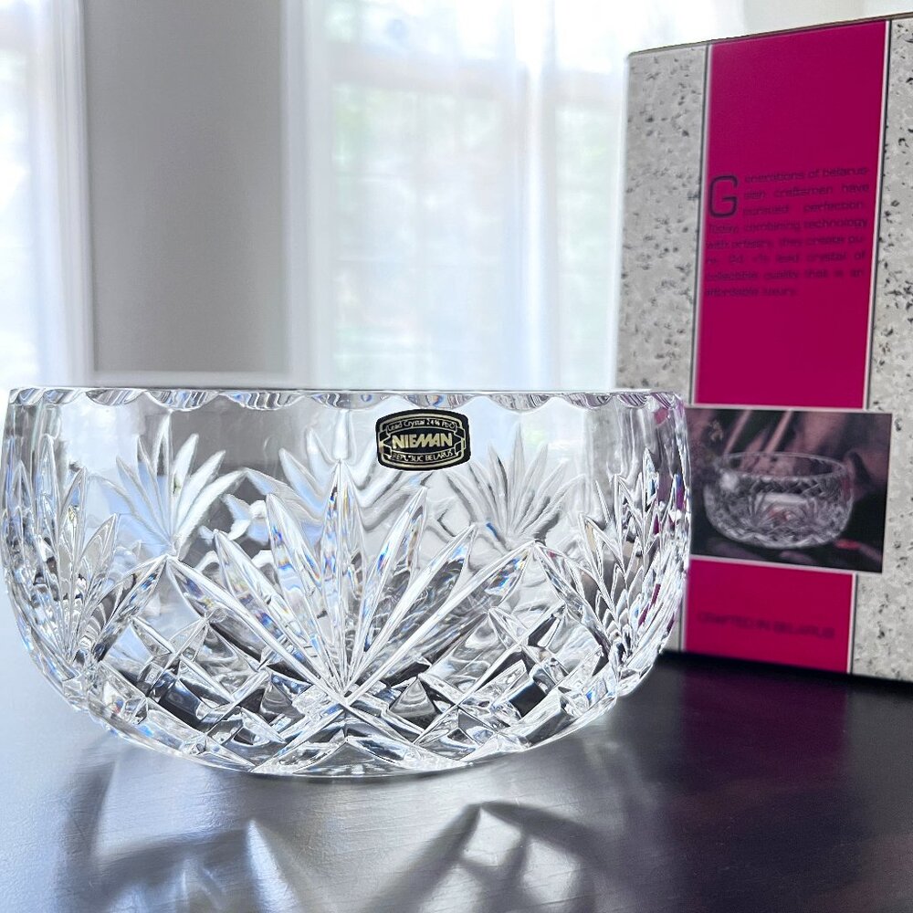 Vintage Nieman 24% Lead Cut Crystal Glass 8.5" Scalloped Edge Bowl Belarus NIB